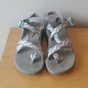 Grey and aqua Chacos